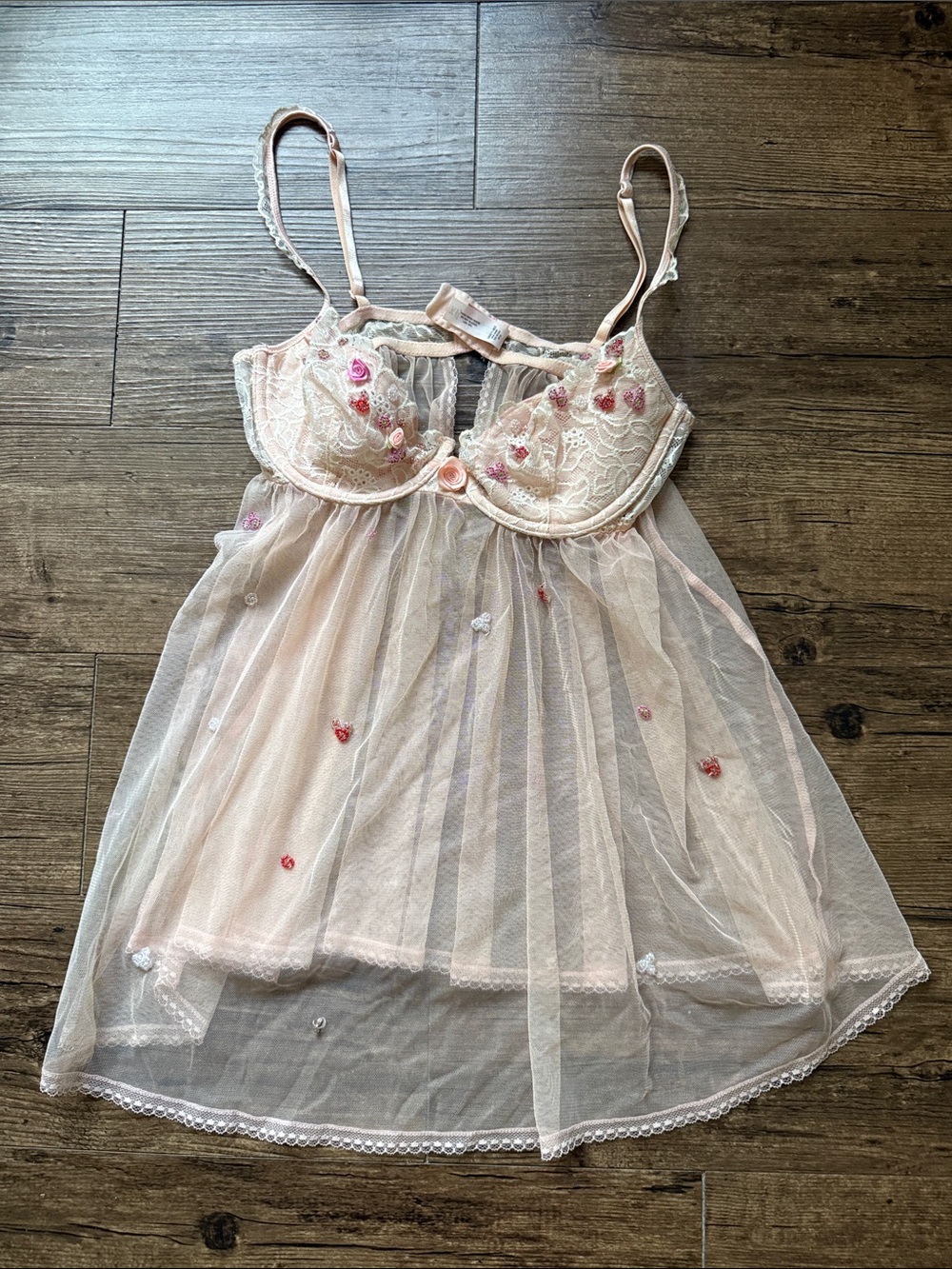 Rare Vintage Fairy Victorias Secret Pink Beaded Rose Babydoll Lingerie 34C